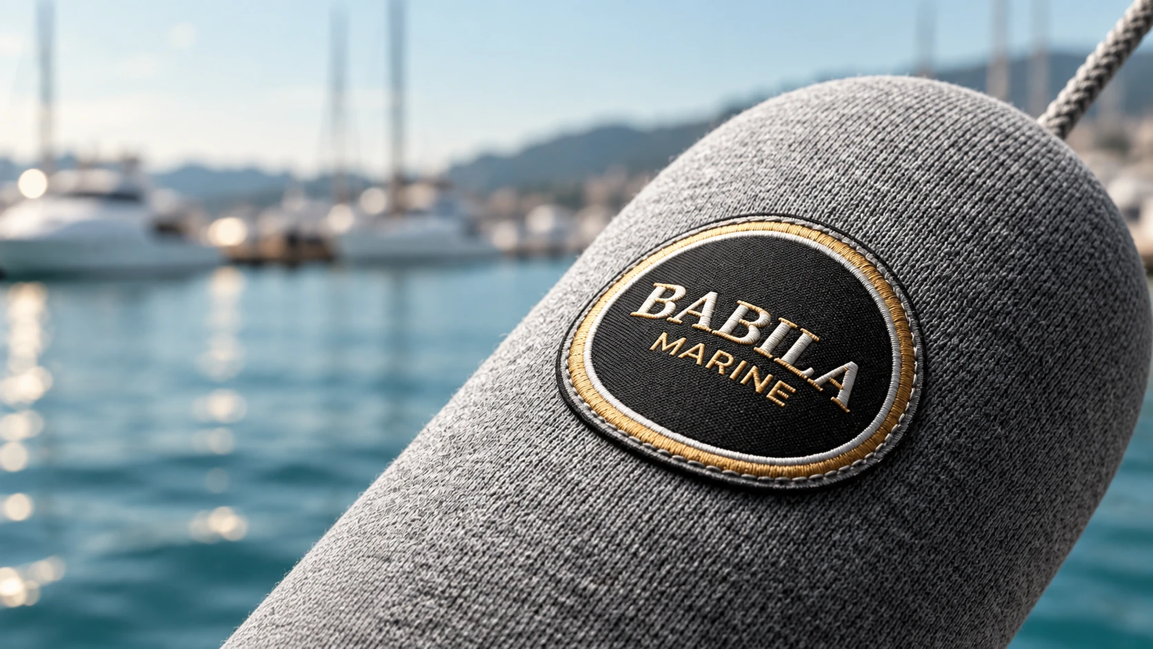 Gri örgü usturmaça kılıfı üzerinde Babila Marine arması